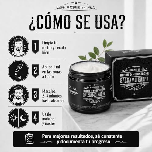 Bálsamo Activador de Crecimiento de Barba con Biotina Alta Concentración y Bergamota 20% | Estimulante para Hombres | Hace Crecer Vello Facial donde no había | Cierra Huecos y da Densidad | Tratamiento 1 Mes