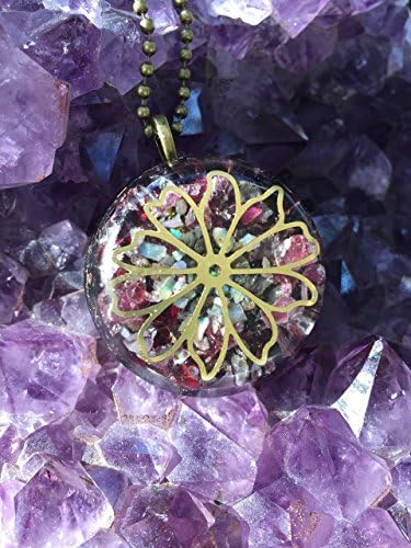 Orgone Protector Pendant with Brass Flower Design, Abalone Shell Chips and Garnet