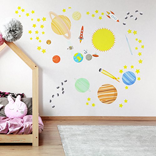 treepenguin Solar System Space Wall Decals for Kids Rooms - Large Planets and Stars Stickers for Bedroom Playroom and Nursery - Educational Wall Decor for Boys and Girls