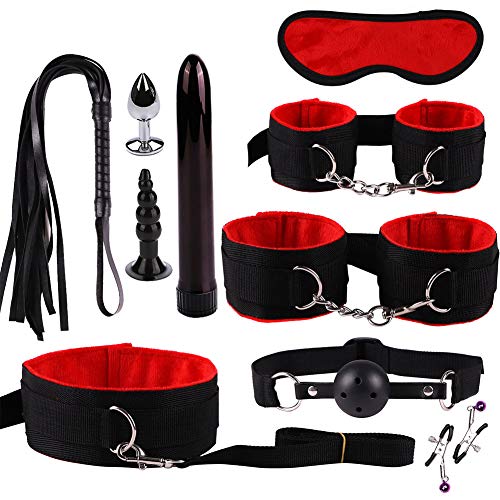 10 Piece Bondage Restraints Set Kit for Bed and Under Bed Sex Play SM Bondage Toy Gear Wrist Cuffs Gags Collar Spanking Rope Strap On Harness for Women Couples Lesbian Female,Red
