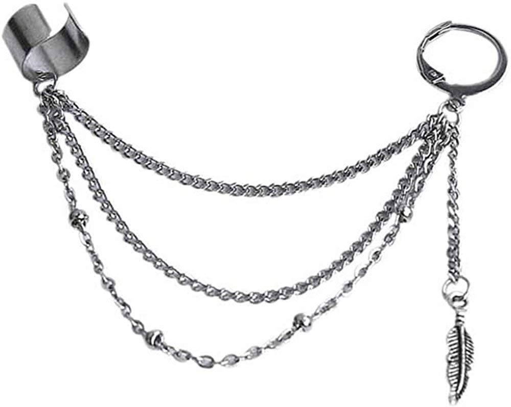 Vintage Tassel Ear Cuff Crawler Climer Earring for Women Girls Men Stainless Steel Cartilage Small Hoop Wrap Vine Clip on Feather Leaf Multi Layered Chain Drop Fashion Jewelry One Piece
