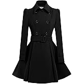 ForeMode Women Swing Double Breasted Wool Pea Coat with Belt Buckle Spring Mid-Long Long Sleeve Lapel Dresses Outwear