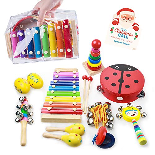 OAMCEG Toddler Musical Instruments, 9 types 12Pcs Wooden Percussion Instruments Toy Set for Kids Preschool Educational with Free Carrying Bag