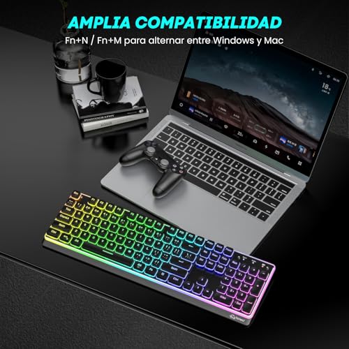 Free wolf M104 Teclado Inalámbrico RGB, Teclas Silenciosas para Conectividad 2.4G/Bluetooth/USB con Cable, Resistente Derrames, Teclado Recargable de Tamaño Completo 104 Teclas para PC y Mac (Negro)