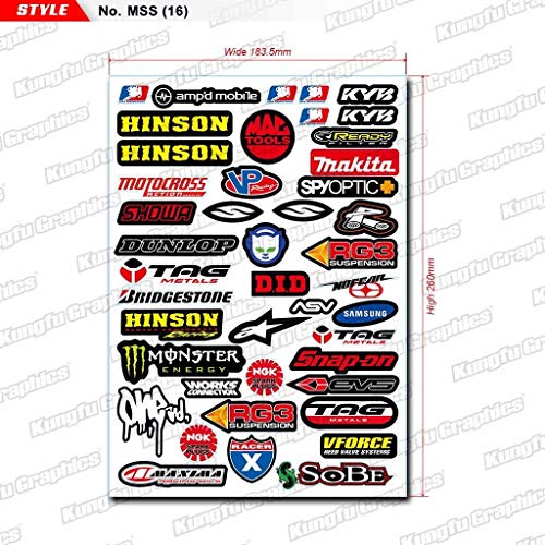 Kungfu Graphics KYB Hinson Sponsor Logo Racing Sticker Sheet Universal (7.2x 10.2 inch), White