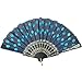 INNOLIFE Elegant Colorful Embroidered Flower Peacock Pattern Sequin Fabric Folding Handheld Hand Fan Hand-Crafted (Sky Blue)