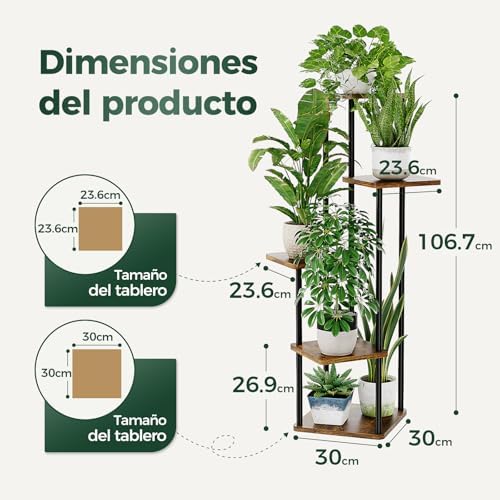 Soporte Esquinero para Plantas de Interior Estante de Metal de 5 Niveles para Múltiples Plantas Soporte Alto para Flores para Patio, Jardín, Balcón, Sala de Estar, Dormitorio (Marrón)