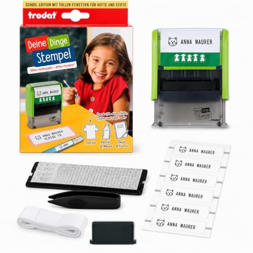 Trodat Stempel je spullen voor kinderen, stempelset om zelf vorm te geven – 3 regels, Duits, zelfkleurend, textielstempel wasmachinebestendig, 38 x 14 mm, afdruk zwart, inclusief accessoires
