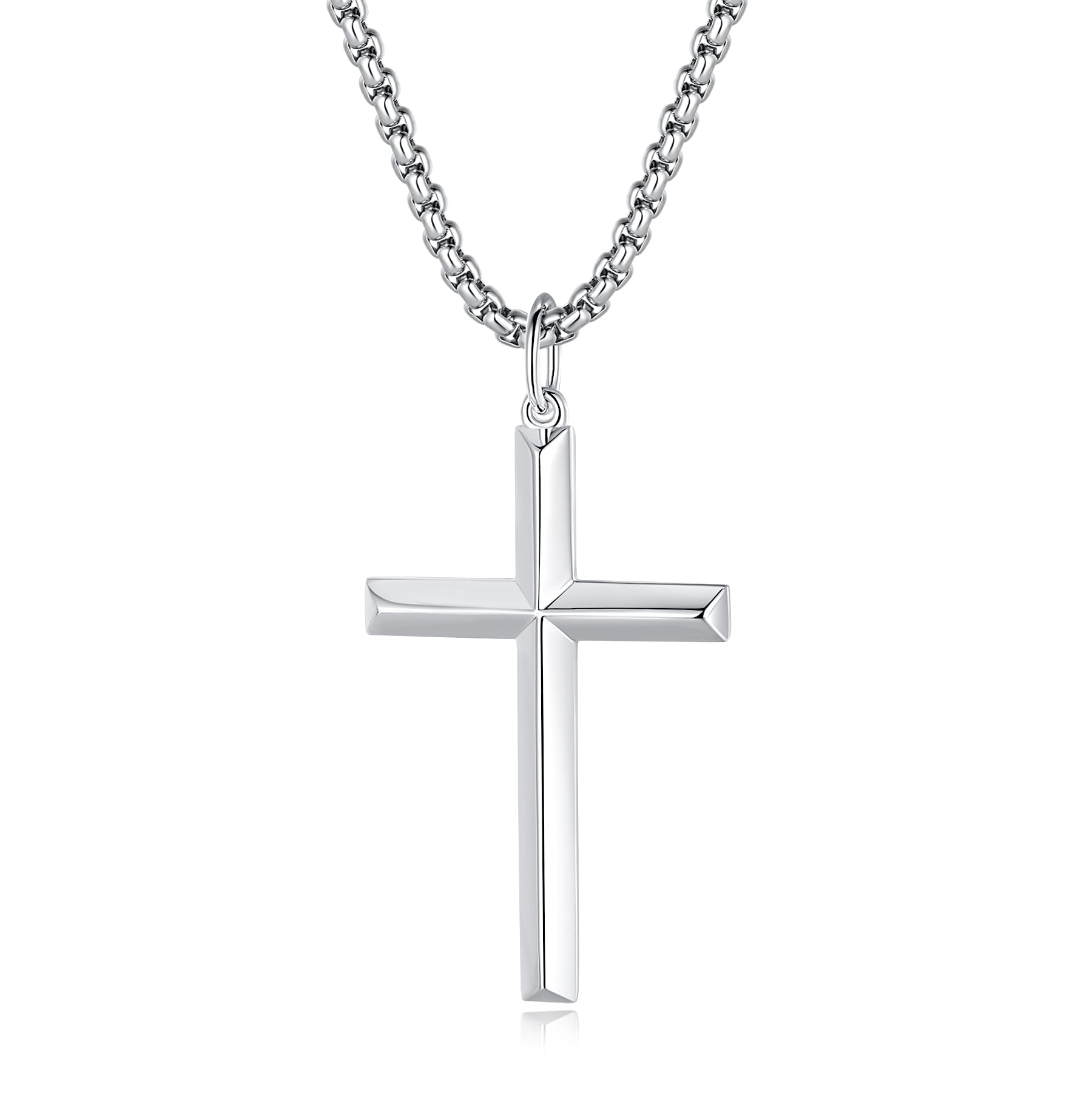 FANCIME White Gold Plated 925 Solid Sterling Silver High Polished Mens Crucifix Sharp Pendant Fine Jewellery for Mens Boys, with Stainless Steel Box Chain Necklace Length 24 Inch