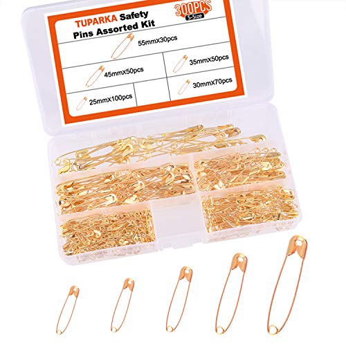 TUPARKA 300pcs Gold Safety Pins Assorted Safety Pins 25-55mm Sewing Accessories Kit for Baby Clothing Crafts & Arts with Storage Box(5 Sizes)