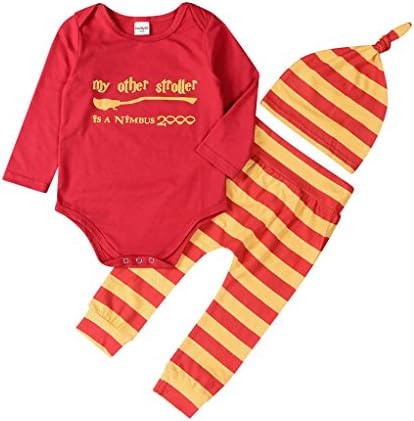Malada Toddler Infant Baby Boys Girls Romper Tops+Stripe Pants+Hat Outfit Clothes Set (3M, Red)