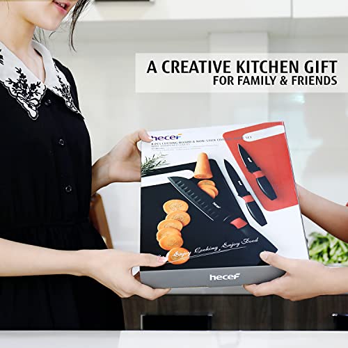 hecef 3 Pieces Kitchen Knife Set with 2 Cutting Boards & 3 Protective Sheaths, Non-Stick Black Knife Set with Sharpener Cover, Cutting Boards and Chef Knives for Kitchen, Dorm, Travel