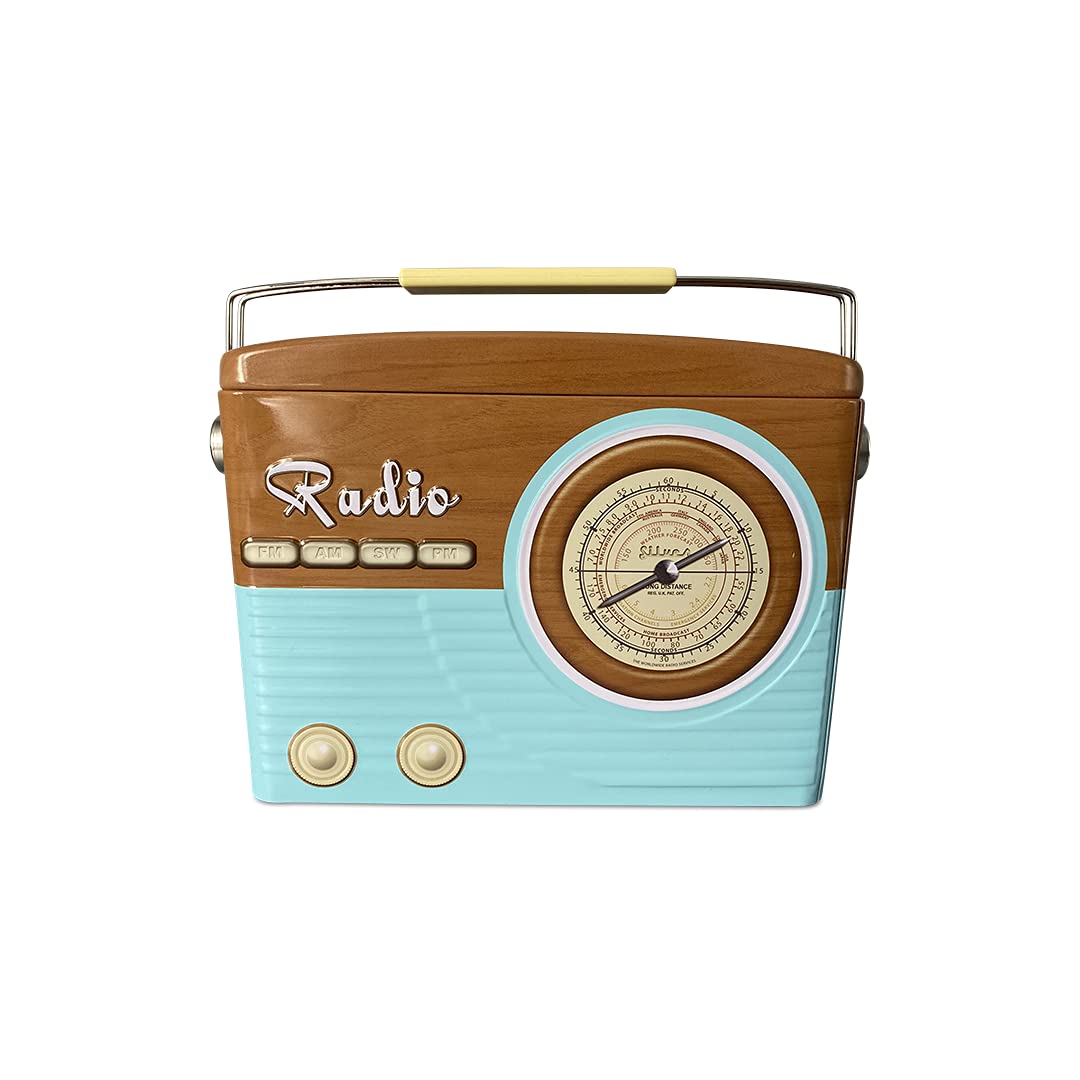 Tin, Radio, Tapered Shape with Handle, Retro Look, Biscuit Tin, Decorative Storage Box, 22 x 6 x 17 cm, Volume 1.5 L, Blue/Brown