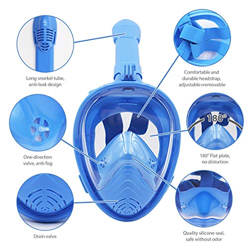 ROCONTRIP Full Face Snorkel Mask, Free Breathing 180° Panoramic View Diving Mask, Anti-Fog Anti-Leak and Adjustable Head Strap Snorkeling Mask for Men Women Adult (Blue, XS)