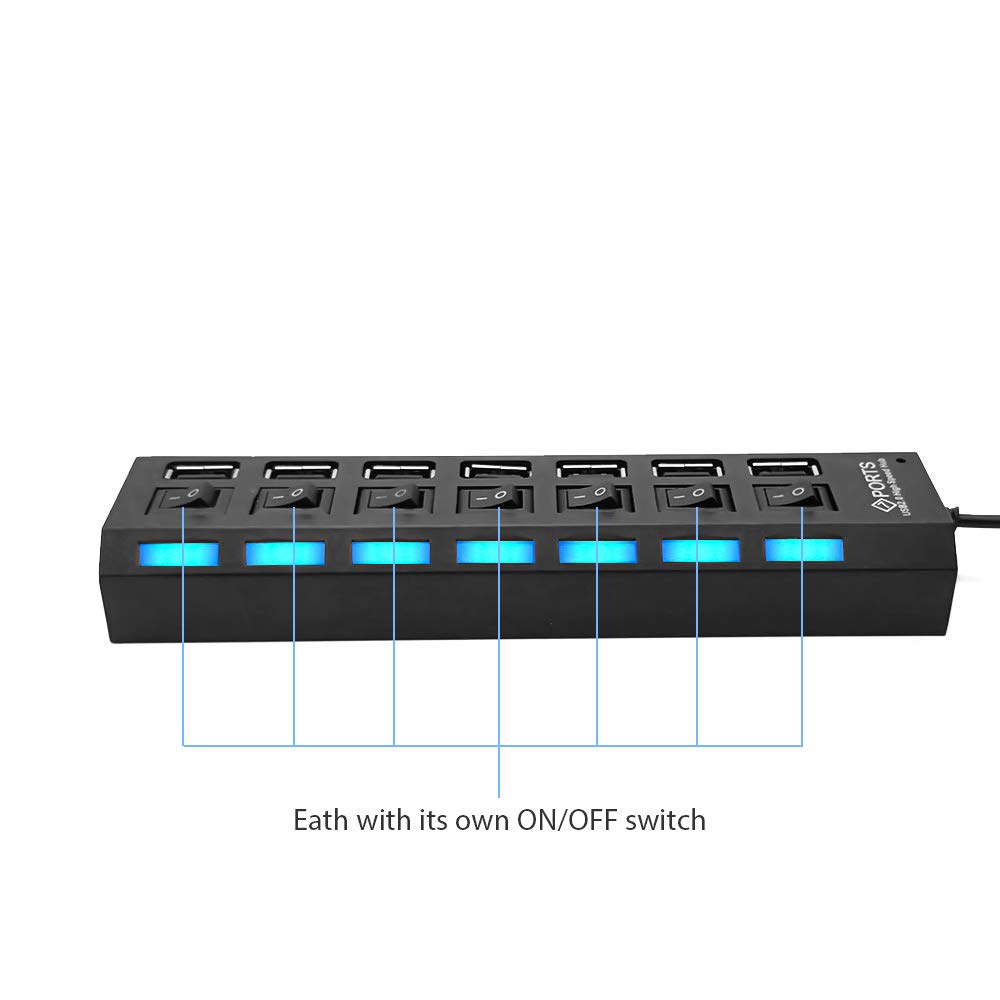 Sunvito 7-Port USB 2.0 Hub with Individual Switches and LEDs,USB Hub 2.0 Splitter for All USB Device