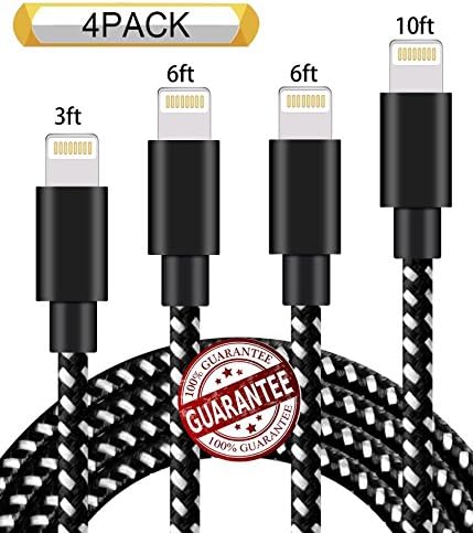Zcen Lightning Cable 4Pack 3FT 6FT 6FT 10FT Nylon Braided Certified iPhone Cable USB Cord Charging Charger for iPhone X,8, 7, 7 Plus, 6, 6s, 6+, 5, 5c, 5s, SE, iPad, iPod, iPod Touch Black White