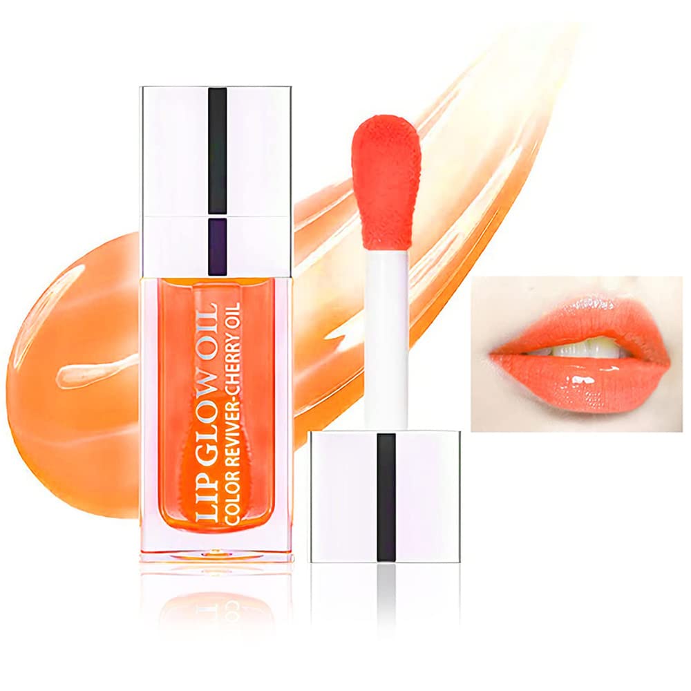 Hydrating Lip Oil Plumping Lip Gloss, Crystal Jelly Moisturizing Lip Oil/Polished Lip Oil Lines/Tint Moisturizing Transparent Lip Balm Care Stick (Cherry-015)