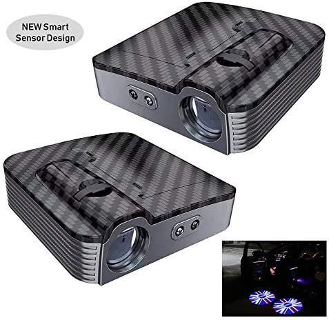 2pcs Car Projection LED Projector Door Shadow Light, Self Adhesive Ghost Lights for Door, Smart Sensor Courtesy Emblem Laser Open or Exit Logo Light Lamps,Compatible for Mini Cooper (Jack Union))