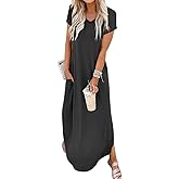 Jeqeocafy Women Summer Long Sundress Crewneck Short Sleeve Maxi Dress 2026 Casual Loose Beach Dress with Pockets