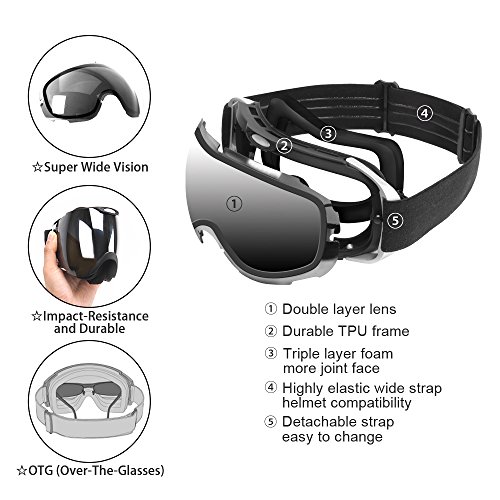 MeeQee Ski Goggles, Snow Sports Goggles Over Glasses for Men & Women, Anti-fog 100% UV Protection Ski Glasses Helmet Compatible Snowboard Goggles with Detachable Lens & Strap - Brown REVO Mirror Green - Thumbnail 4
