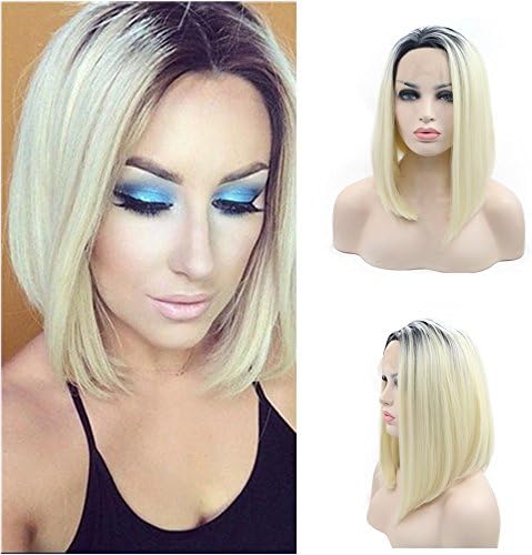 Nantansha Silk Lace Front Wig Heat Resistant Fiber Hair Natural Looking Ombre 2 Tones 14 Inch Blonde Short Bob Synthetic Ombre Dark Roots Wigs For Women Half Hand Tied wig