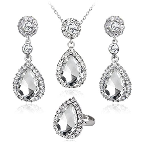Rhinestone Necklace Earring Ring Set Cuekondy Metal Bib Pendant Chain Statement Jewelry Kit for Women Girls Teens (White)