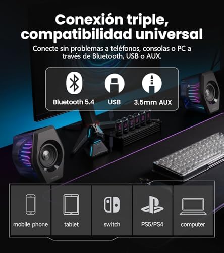 Coluna de gaming G2000 Pro 2.0 RGB, potência máxima 64W, sincronização de luz Tempoflow ™ a 270 graus, som surround virtual 7.1-Bluetooth 5.4 / USB-C/AUX, Adequado para PC (preto)