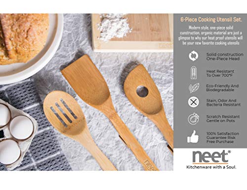Organic Bamboo Cooking Utensils Set, Unique Elevation Feature, 6 Piece Set, Wooden Spoons Spatula, Kitchen Utensil Set, High Heat Resistant, Wood Serving Spoon, Eco-Friendly & Biodegradable Gift Idea