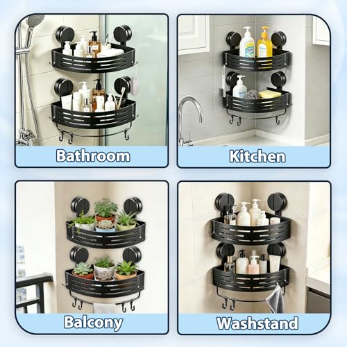 ZBXSNK 2Pcs Corner Shower Caddy, No Drilling Suction Cup Bathroom Corner Shelves, Shower Storage Shelf with Towel Bar & Hooks, for Bathroom Kitchen Vanity & Shampoo, Razors, Spice Bottles