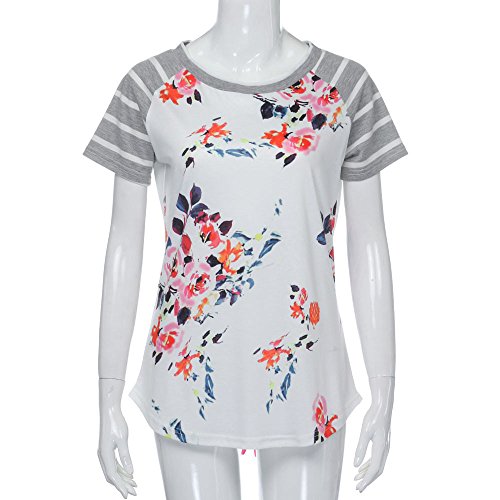 Pengy Clearance Women Short Sleeve Striped Floral Printed Blouse Shirt Tops (M, White)