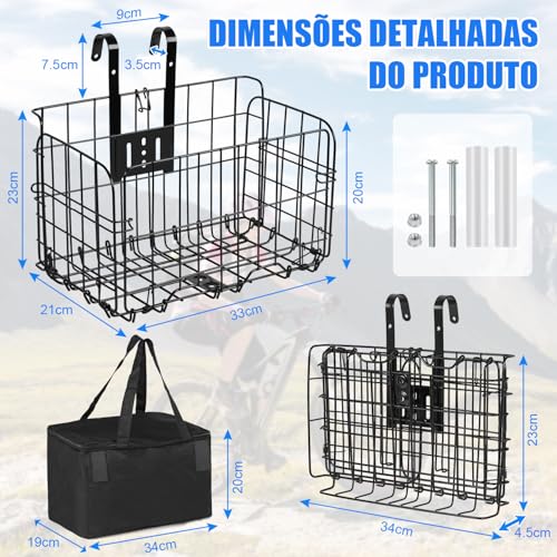 Cesta de Bicicleta Frontal Dobrável, Estrutura de Ferro, Tecido Oxford, Preta, Compatível com Bicicletas Adultas