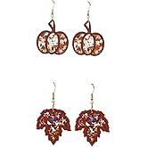 2 Pairs Halloween Pumpkin Wooden Dangle Drop Earrings Cute Handmade Lightweight Thanksgiving Autumn Fall Maple Leaf Glitter Wood Earrings for Women Halloween Thanksgiving Party Jewelry
