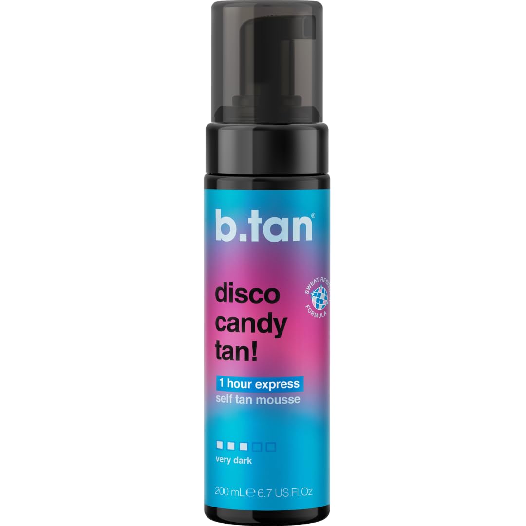 b.tan Dark Self Tanning Mousse | Disco Candy - Dark, 1 Hour Instant Express Bronzing Foam, Sweat Proof, No Transfer, No Fake Tan Smell, Best Tinted Sunless Tanner, Face & Body, Australian Glow, 200ml