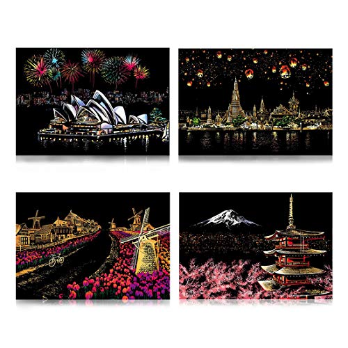 Scratch Art Paper Rainbow Painting Sketch Pad DIY Scenery View Scratchboard for Adults and Kids - 4 Packs, 16 X 11.2 Inches - Thumbnail 7