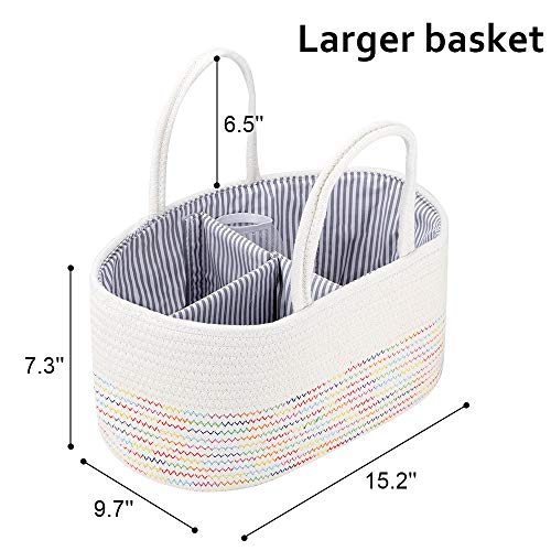 Mebbay Baby Diaper Caddy Organizer, Woven Cotton Rope Storage Basket, Nursery Storage Bin for Changing Table and Car, Detachable Partition with Bottle Holder, Colorful Stitching