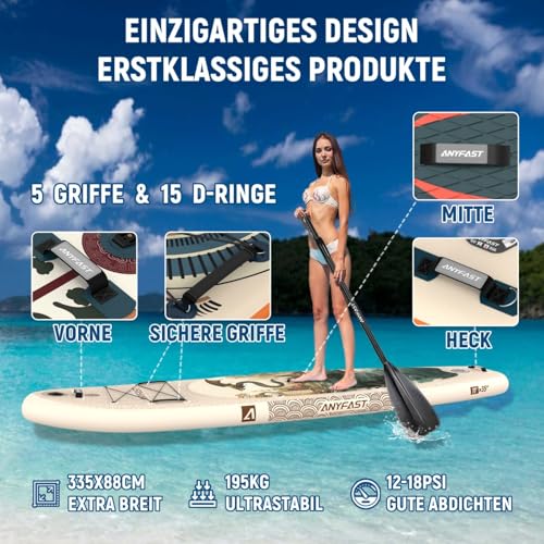 ANYFAST Inflatable Stand Up Paddle Board for Fishing - Wide Ultra Stable with Pump, Camera Mount, Kids Handle, Leash, Backpack and Accessories for Teenagers/Adults