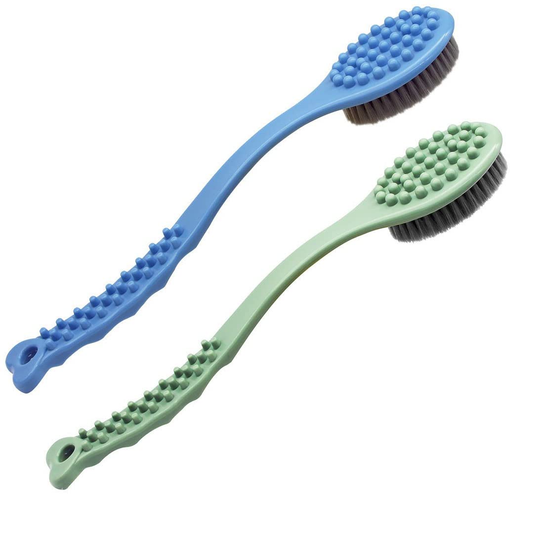 QiCheng&LYS Bath Brush for Back, Shower Brush for Exfoliating Skin,Long Wooden Handle Cleans The Body Easily-14in (Blue und Green)