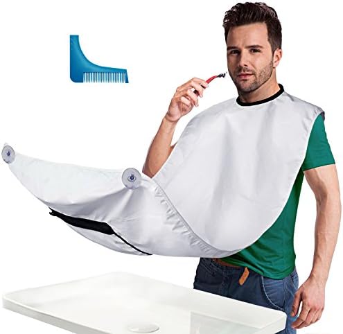 Beard Catcher Apron for Shaving and Hair Trimming- Beard Bib & Grooming Cape Gift for Bearded Men (White)