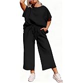 TOPSRANI Womens Plus Size Casual Sweatsuits Lounge Short Sleeve Tracksuit 2 Piece Outfits Baggy Wide Leg Crop Pants Sets