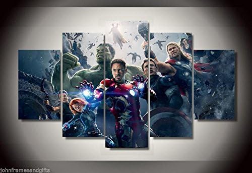John Psarris Avengers Movie Fighting Printed Canvas Wall Art for Kids Room Decor | Modern Wall Decoration Ready to Hang Canvas Printed Picture Frames | 5 Pieces