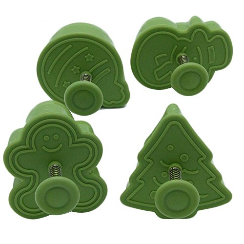Christmas Themed Cookie Cutter Set By Garloy(4 Pack),Cute Cookies Cake Topper Sugar Craft Chocolate Decorating Plunger Cutter Mold,Spring-loaded Handle, Food Safe Plastic(Colors May Vary)