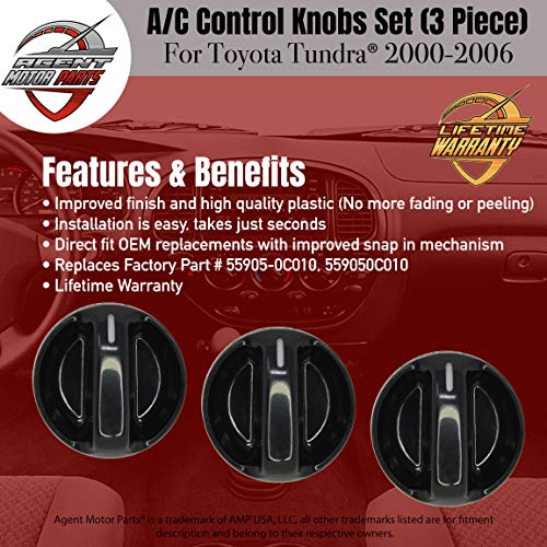 AC Climate Control Switch Knobs - Set of 3 Replaces OE Part# 55905-0C010, 559050C010 - for fits Toyota Tundra 2000, 2001, 2002, 2003, 2004, 2005, 2006 - Air Conditioner Replacement Switches