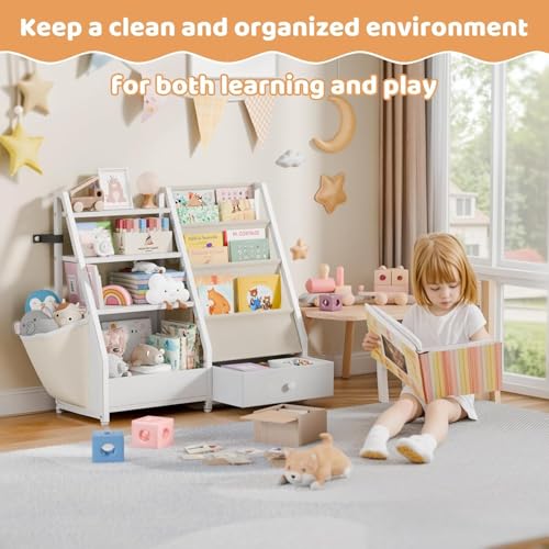 4 Tier Kids Bookshelf - Toddler Book Display Shelves, Children Bookcase Organizer for Kids Room, Classrooms, Nursery, Bedroom, White, 85 * 30 * 75Cm
