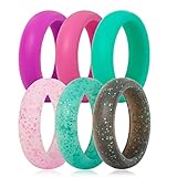 Silicone Wedding Ring For Women By DoerDo, Durable Rubber Sport Band For Active Style - 6 Rings Pack(Green, Pink, Purple, Black With Glitter, Blue With Glitter, Transparent With Glitter)
