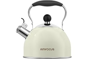AMFOCUS Tea Kettle, 2 Quart Stainless Steel Whistling Tea Kettle, Stovetop Whistling Teakettle Tea Pots for Stove Top with Ergonomic Folding Handle, Small Teapot, Water boiler for Tea, Coffee (White)