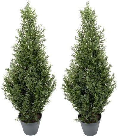 2-pack Pre-potted 3ft Artificial Cypress Topiary Trees. Outdoor UV-Rated weather proof. Home garden office pool decor. Plastic pot included. Long lasting realistic color sun UV resistant.