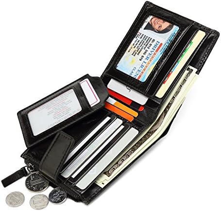 Mens Genuine Leather Wallet Removable Credit Card Holder with Zipper Pocket