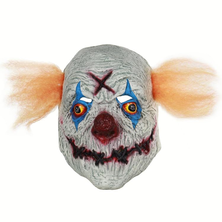 eBoutik – Adult Halloween Latex Realistic Costume Creepy House of Horror Spooky Clown Full Face Mask - Scary Killer Clown Mask with Hair Fancy Dress Outfit - Stiched Up Mouth Clown