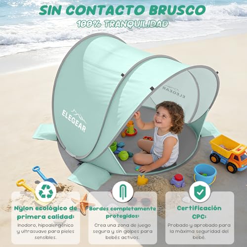 Elegear Carpa de Playa para Bebé Portátil, Pop-Up Refugio Solar con Protección Solar, UPF 50+ Protección UV Carpa de Playa para Bebé, Fácil Instalación y Ligera Tienda con Toldo para Costa,Verde Claro