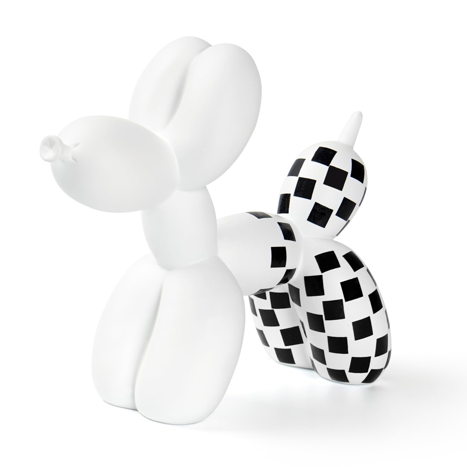 Photo 1 of Notakia Black and White Checkered Racing Car Pattern Balloon Dog Statue Crafts Living Room Desktop Decorations,Handmade Modern Small Shelf Decor Animal Statue Ornament Home Decor (Big White Dog)